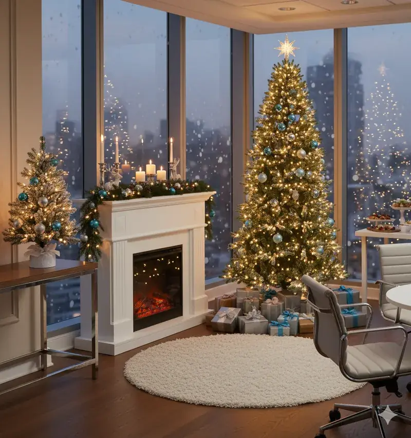 8 ft green Christmas tree beside a fireplace mantel