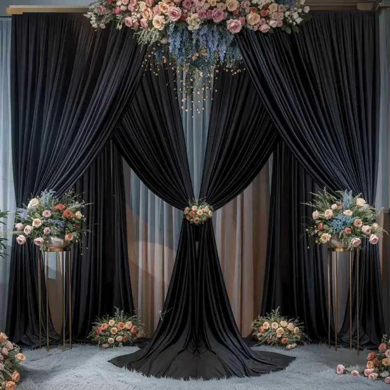 Black and gold draped backdrop with floral arrangements