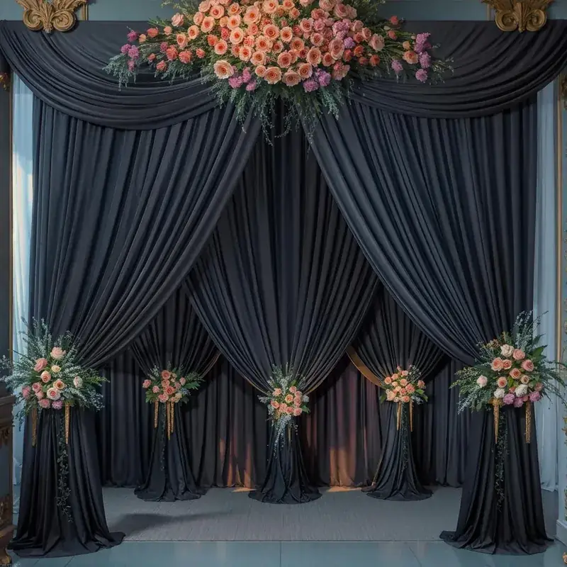 Black velvet backdrop with blush floral garland