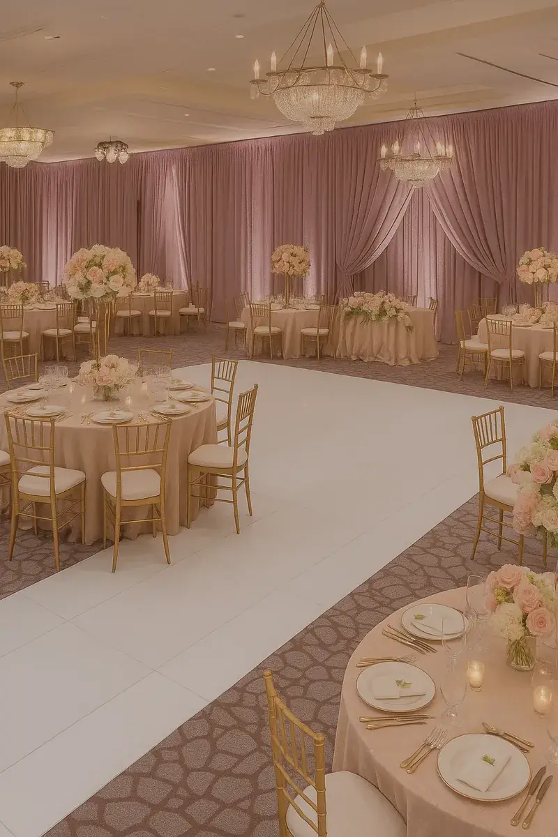 Blush draped hall with aisle and chandeliers