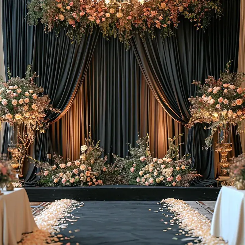 Dark teal draping with blush floral stage and petal aisle