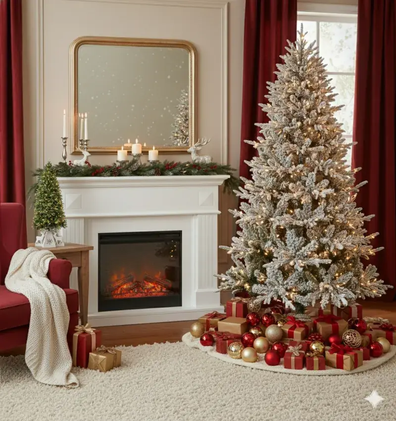 Flocked Christmas tree with white fireplace mantel