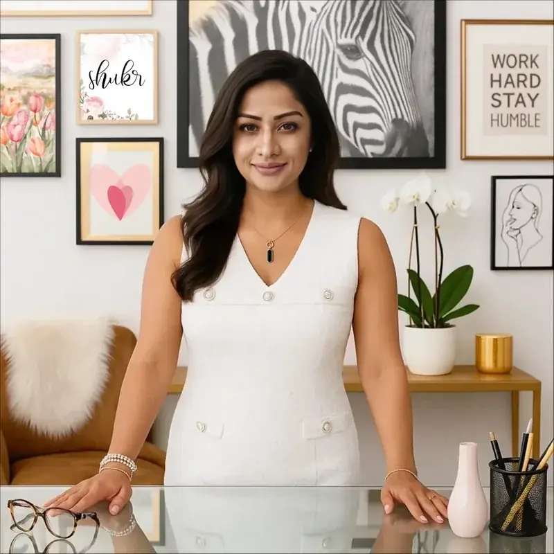 Sarika, Creative Director of Two14 Events, standing at her desk
