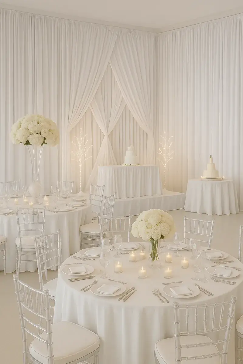 White draping with round tables and florals