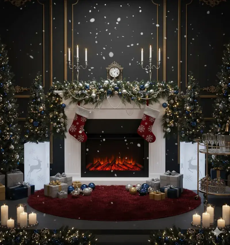 White fireplace mantel with garland and stockings